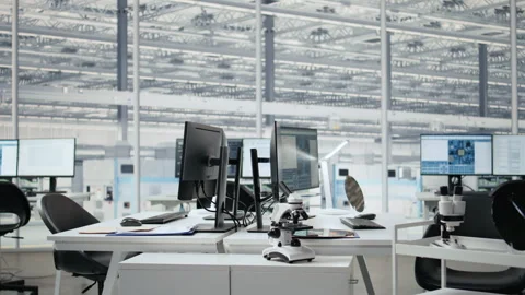 Analyzing microchip architecture systems, computers and empty engineering office 動画素材 335882768