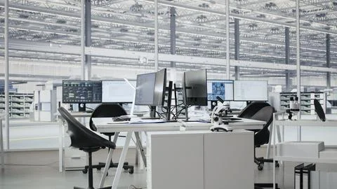Analyzing microchip architecture systems, computers and empty engineering office Stock Photos