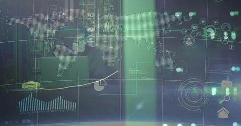 Analyzing network data while Korean analyst typing on laptop amid server rack Foto stock