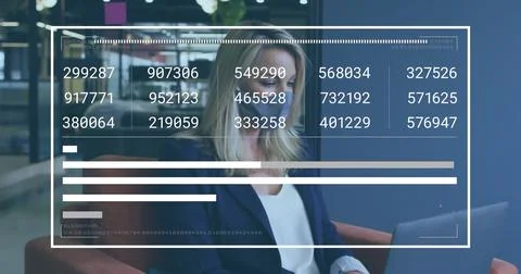 Analyzing numeric data overlay woman working on laptop in modern office lounge, 스톡 사진