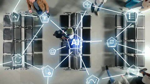 Analyzing passenger movement patterns, AI model and multiethnic people Stock Footage 334935849