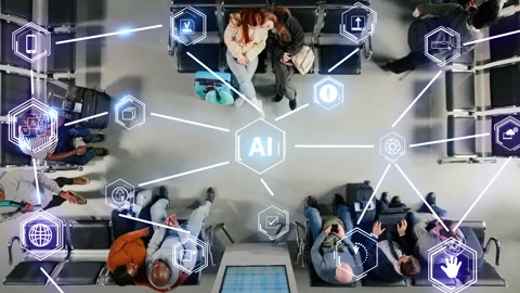 Analyzing passenger movement patterns, AI machine learning and airport VFX Stock Footage 334936187
