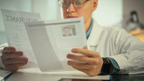 Analyzing patient documents meticulously doctor and medical specialist weari Stock Footage 333501257