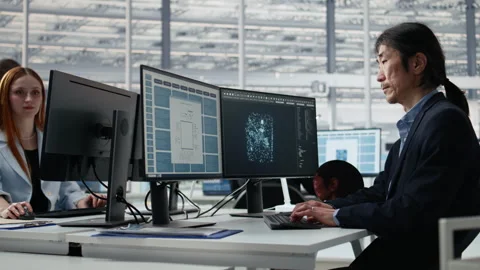 Analyzing PCB architecture, AI and senior manager in semiconductors factory Stock Footage 335879537