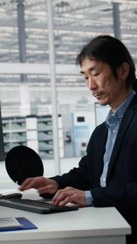 Analyzing PCB architecture, AI and senior manager in semiconductors factory Stock Footage 335883528