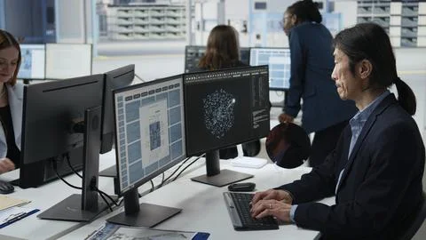 Analyzing PCB architecture, AI and senior manager in semiconductors factory Stock Photos