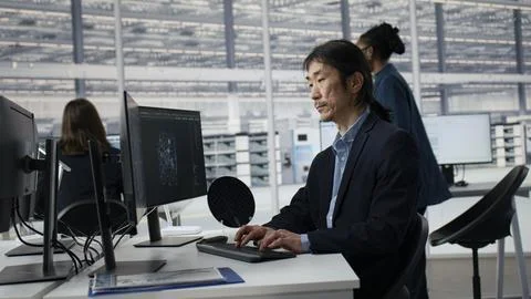 Analyzing PCB architecture, AI and senior manager in semiconductors factory Stock Photos