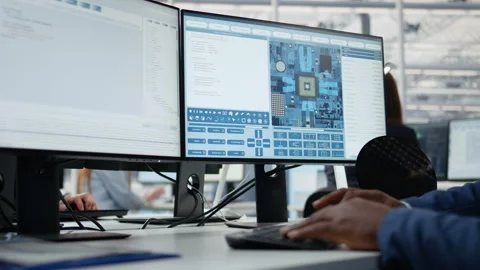 Analyzing PCB architecture, PC close up and technician in semiconductors factory Video stock 335878049