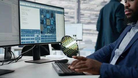 Analyzing PCB architecture, PC close up and technician in semiconductors factory Stock Footage 335881009
