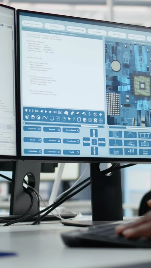 Analyzing PCB architecture, PC close up and technician in semiconductors factory Stock Footage 335882920