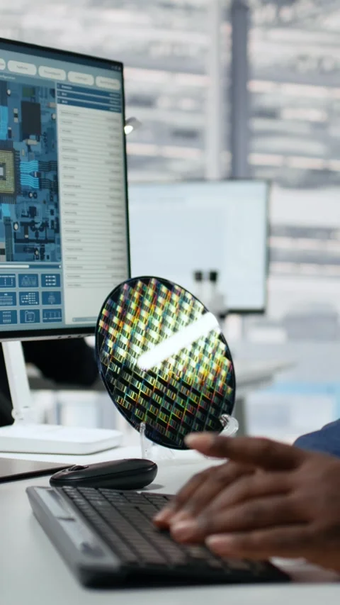 Analyzing PCB architecture, PC close up and technician in semiconductors factory Stock Footage 335883431