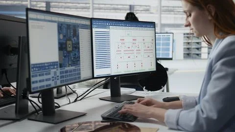 Analyzing PCB architecture, PC software close up and woman in factory office Stock Photos
