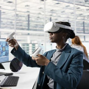 Analyzing PCB layout, VR headset gear, and woman in RD office Stock Photos