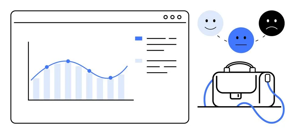 Analyzing Performance Data with Emotion Icons and Briefcase Suggesting Work.. Illustrazione stock
