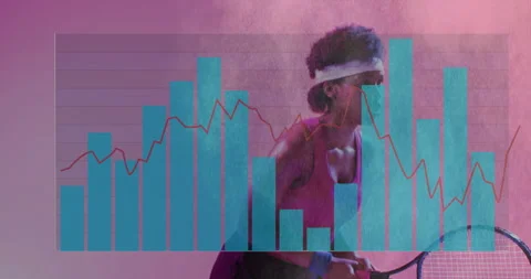 Analyzing performance metrics, tennis player in action with data chart overlay Stock Footage 305519231