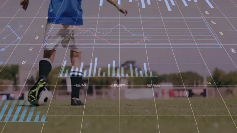 Analyzing performance statistics, soccer player on field with animation data Stock Footage 305079951