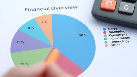 Analyzing a printed financial overview pie chart. Stock Footage 341888648