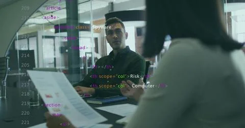Analyzing printed report, analyst and lead collaborating in meeting room, with Stock Photos