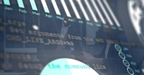 Analyzing pros in suits leaning over laptop and tablet at boardroom, viewing bar Stock Photos