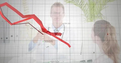 Analyzing red downward graph on digital display at clinic, doctors comparing Stock Photos