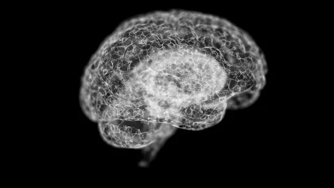 Analyzing of right and left hemispheres of a human brain rotating on dark Stock Footage 121827411