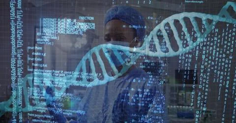 Analyzing scientist wearing blue cap mask scrubs in high-tech lab, with DNA h Stock Photos