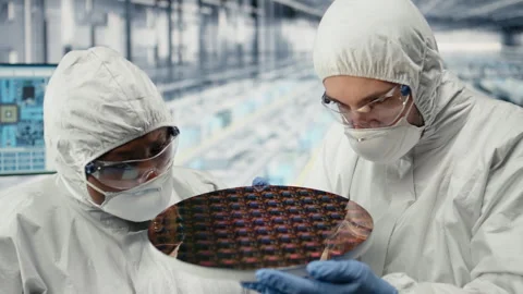 Analyzing semiconductor substrates, microchip and SOC architecture designers Stock Footage 333382606