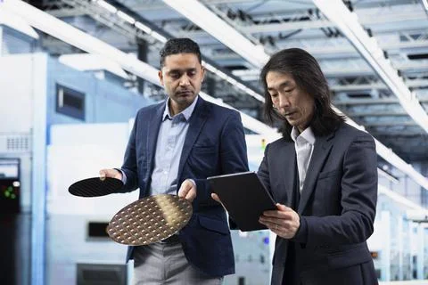 Analyzing semiconductor substrates, tablet and team of managers Stock Photos
