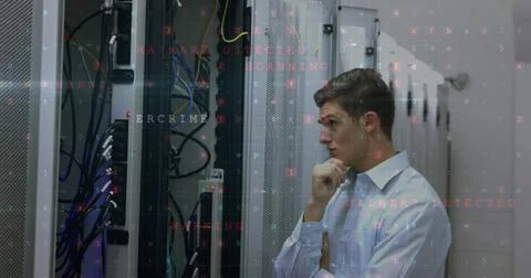 Analyzing server racks, IT professional focusing on cybersecurity issues in data Stock Photos