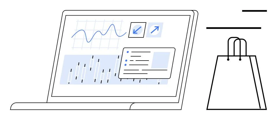 Analyzing Shopping Data on Laptop with Chart and Bag Icons for Retail Insight Stock Illustration