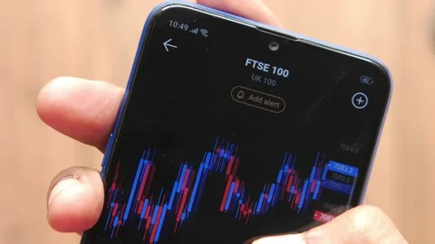 Analyzing stock FTSE 100 on smart phone Stock Footage 162571127