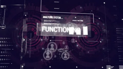 Analyzing system and function text animation over digital interface with user Stock Footage 305021094
