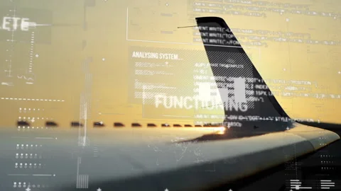Analyzing system and functioning text animation over airplane wing during flight Stock Footage 304407595