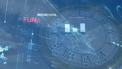 Analyzing system text animation over world map and clock interface Stock Footage 305367438