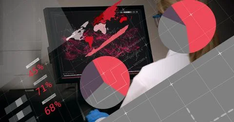 Analyzing tech in white coat and blue gloves at workstation, viewing map data Stock Photos