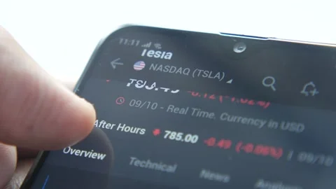 Analyzing tesla stock chart on smart phone at night Stock Footage 168141722