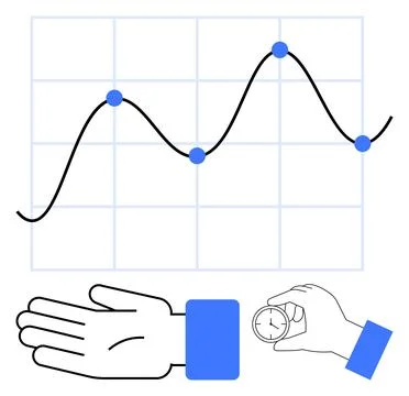 Analyzing Time and Performance Hand Holding Stopwatch with Line Graph Overlai Stock Illustration