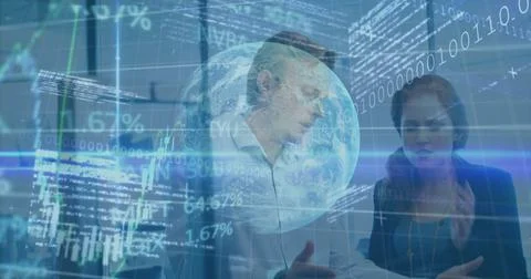 Analyzing two business professionals exchanging insights in conference room, Foto stock