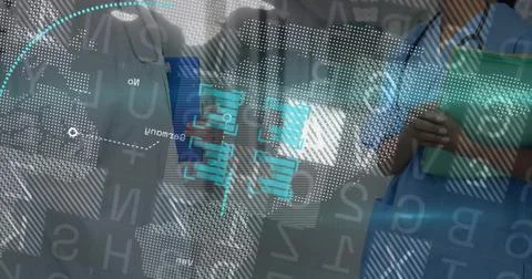 Analyzing two doctors in scrubs scanning holographic world map and charts in Stock Photos
