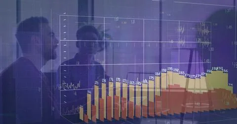 Analyzing two men in dark tops studying 3D financial chart in glass conference Foto stock