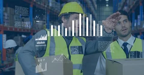 Analyzing warehouse team inspecting inventory with data overlay at distribution Stock Photos