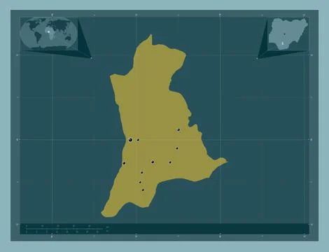 Anambra, Nigeria. Solid color shape. Locations of major cities of the region Illustrazione stock