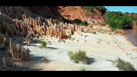 Anamorphic Aerial View of Eroded Sandstone Peaks – Tsingy Rouge, Madagascar Stock Footage 313512335