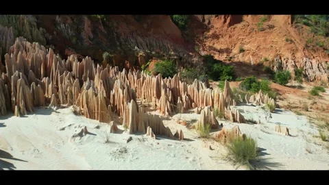 Anamorphic Aerial View of Eroded Sandstone Peaks – Tsingy Rouge, Madagascar Stock Footage 313517629