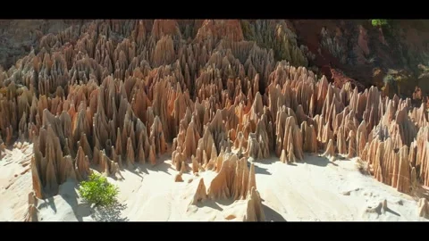 Anamorphic Aerial View of Eroded Sandstone Peaks – Tsingy Rouge, Madagascar Stock Footage 313518785