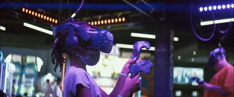 Anamorphic Black Girl Playing With VR Headset Stock Footage 206811237