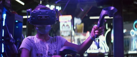 Anamorphic Black Girl Playing With VR Headset Stock Footage 206812736