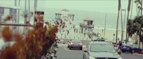 Anamorphic Manhattan Beach at Dusk - Handheld Stock Footage 200049137