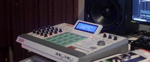 Anamorphic MPC Beat Machine In Music Studio Stock Footage 201611232