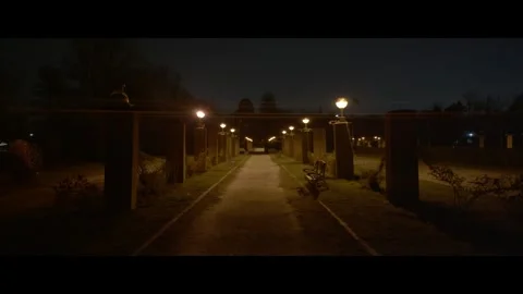Anamorphic night scene in the park. A park pathway at night, and empty benches Stock Footage 304988756